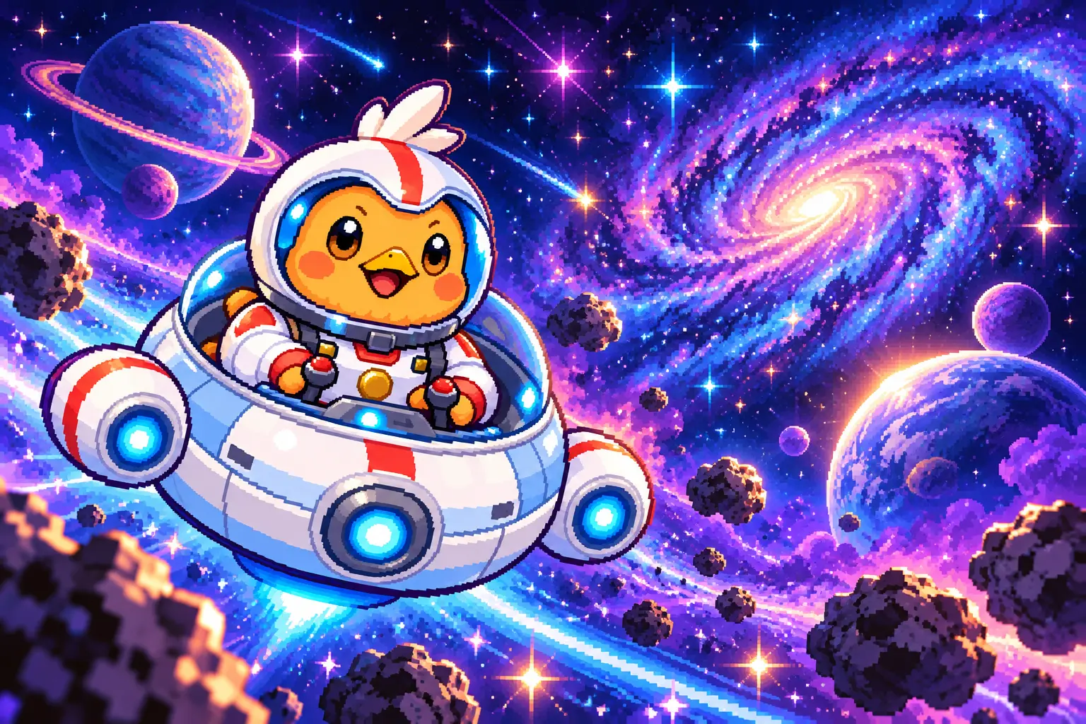 Galinha Astronauta voando em sua nave pelo espaço colorido
