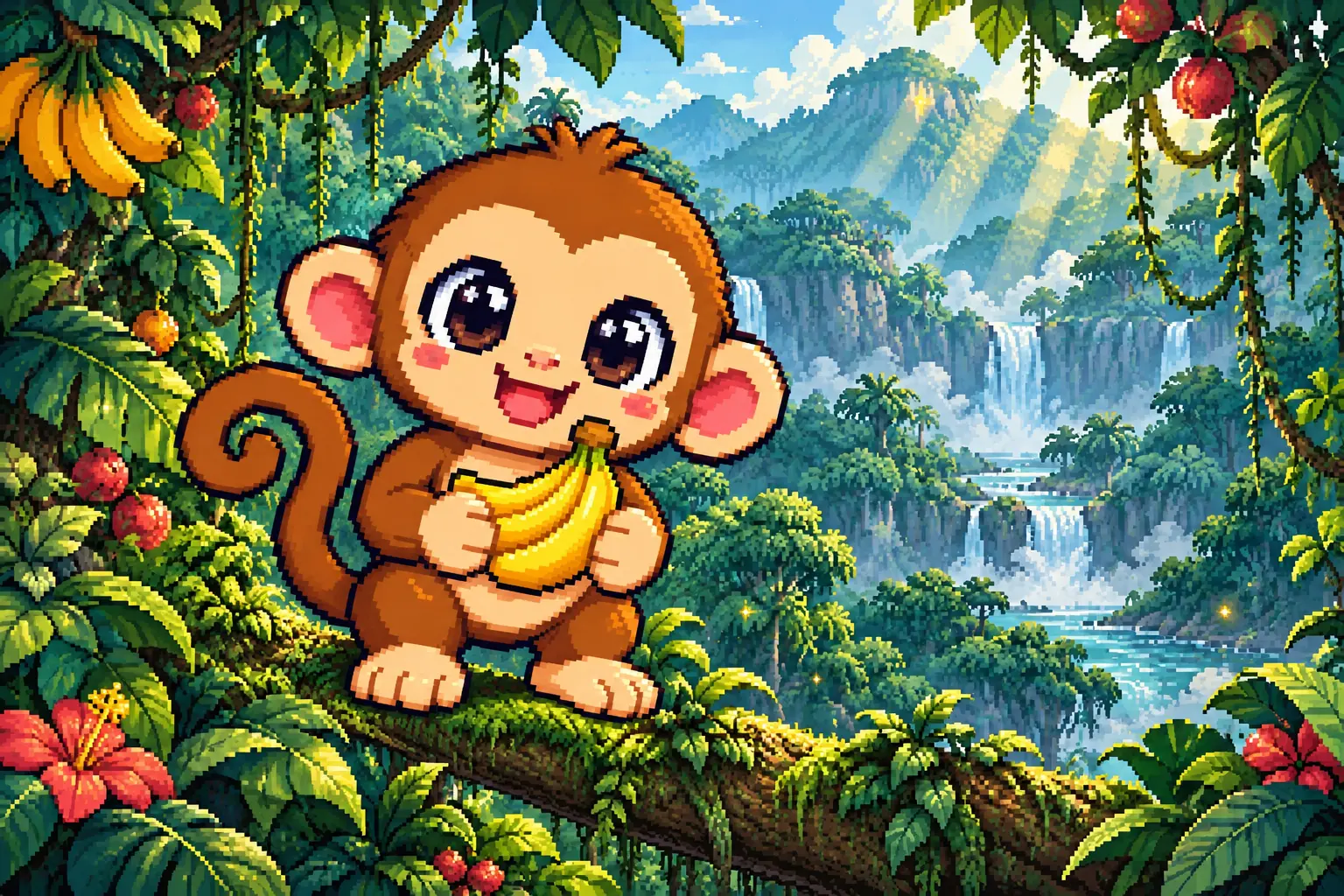Macaquinho sorridente segurando bananas na floresta